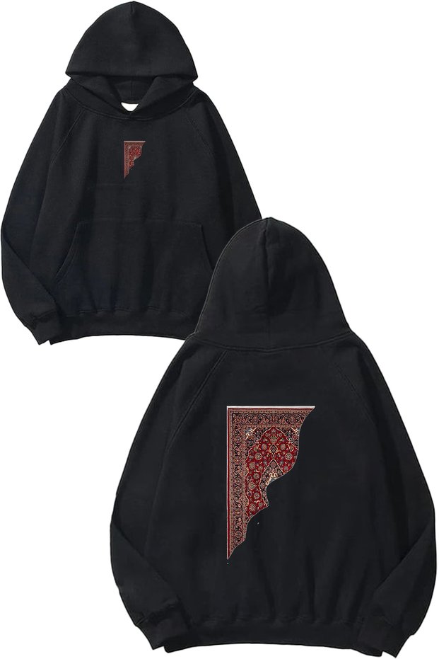 Half Ethnic Carpet Design Printed Oversize Black Hooded Sweatshirt