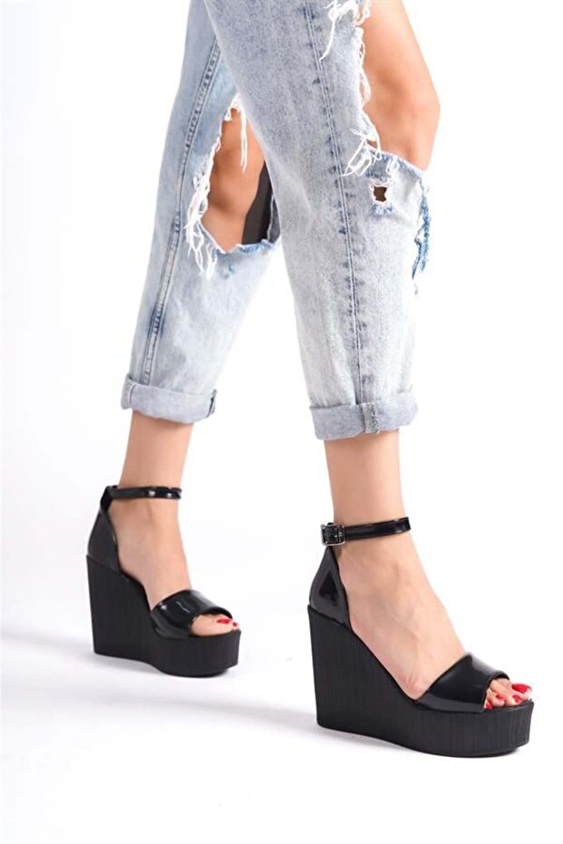 Women's Black Patent Leather Single Strap High Wedge Sole Shoes
