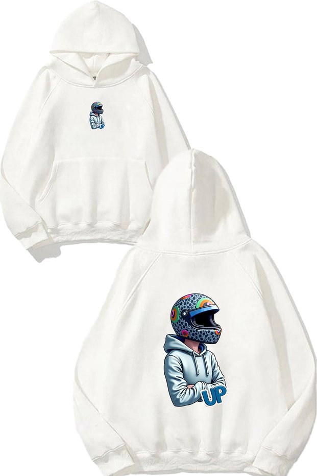 Biker up Design Printed Oversize White Hooded Sweatshirt