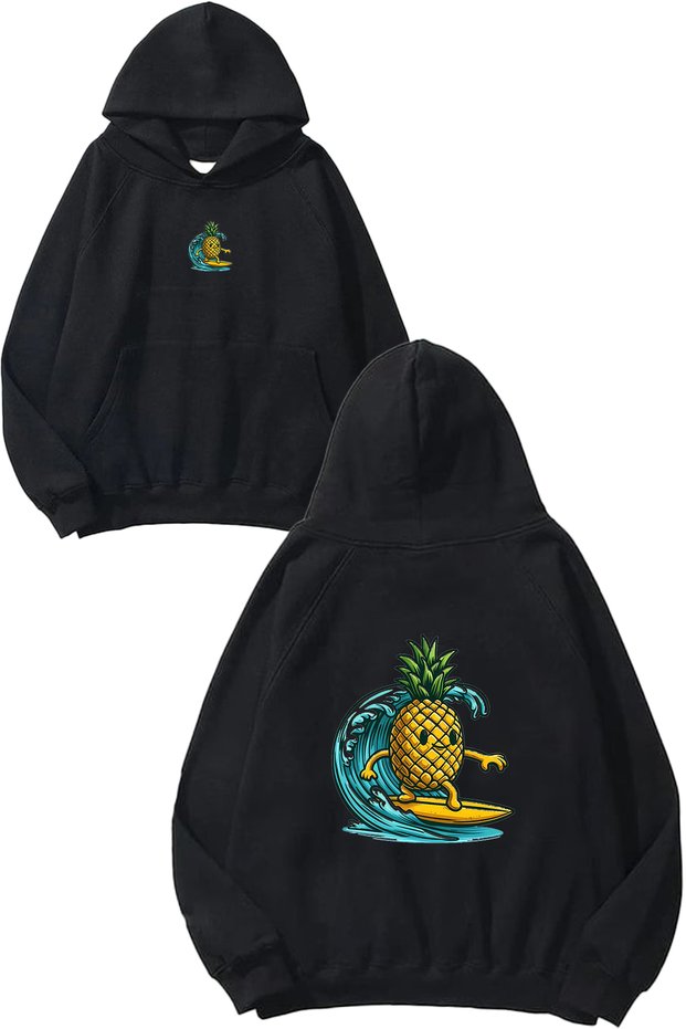 Surfer Pineapple Design Printed Oversize Black Hooded Sweatshirt