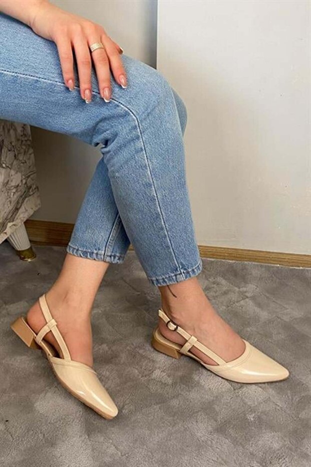 Women's Beige Patent Leather Open Back Pointed Toe Casual Ballet Flats