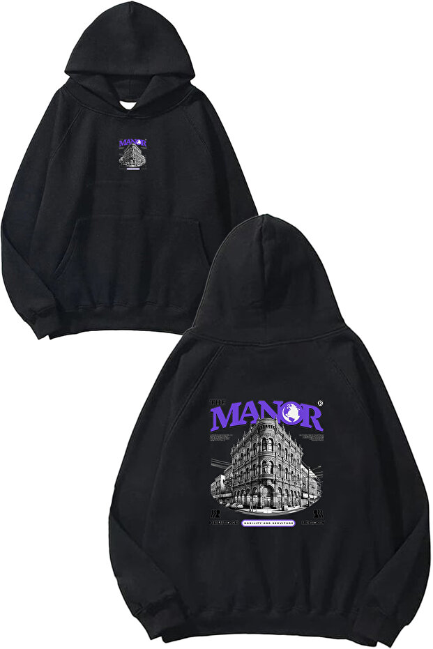 سويت شيرت أسود كبير الحجم بطباعة تصميم The Manor ذو قلنسوة