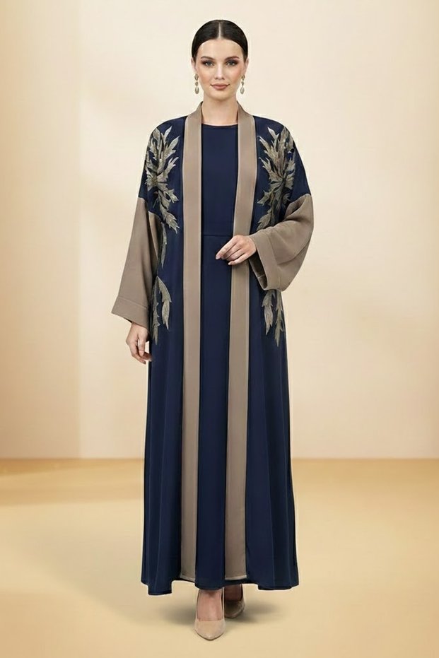 Premium Blue Brown 2 Piece Abaya Set With Inner Leaf Embroidery Modern Modest Wear Women Dress