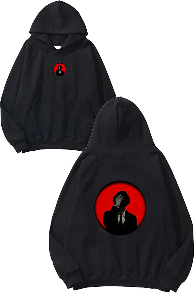 Man in Hat Design Printed Oversize Black Hooded Sweatshirt
