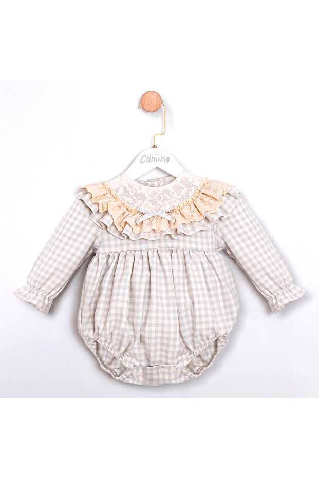 Ruffled Collar Baby Girl Jumpsuit with Checked Details