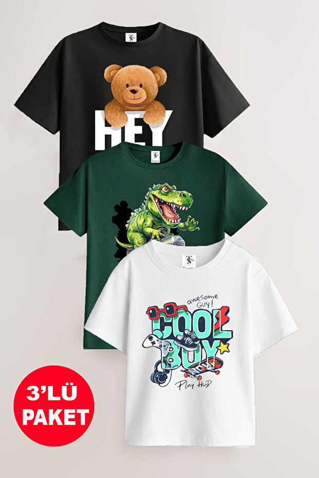 Cool Boy and Teddy Bear Printed 3-Pack Unisex Black-White-Green Kids T-Shirt