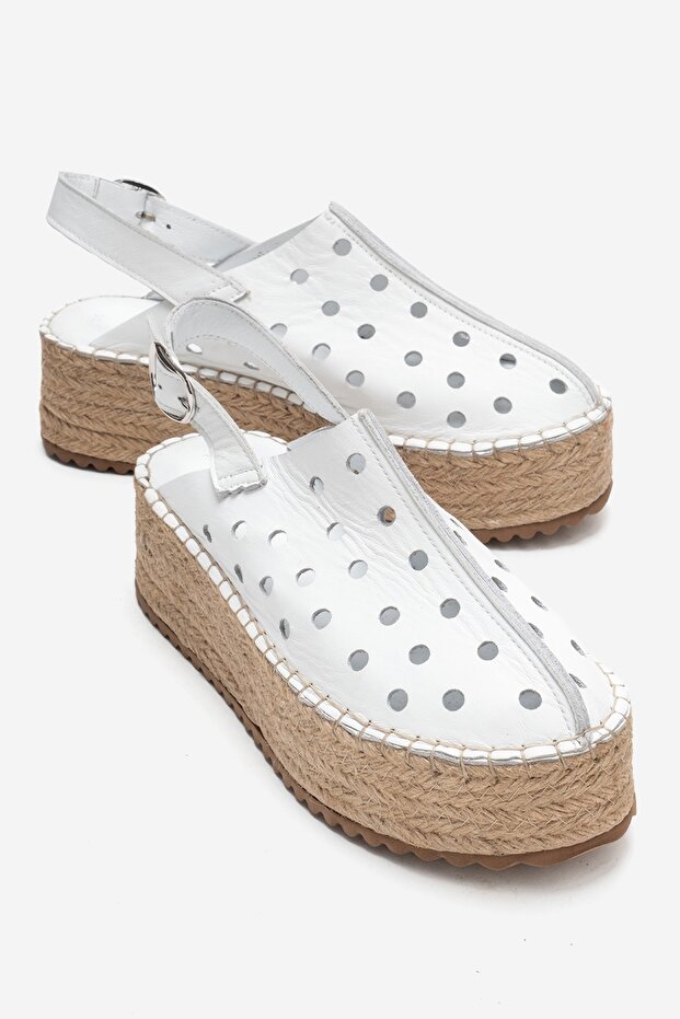 Fraga White Skin Genuine Leather Women's Straw Wedge Sandals