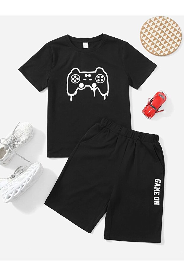 Summer Game on Printed Boys' Black Top and Bottom Shorts T-Shirt Set