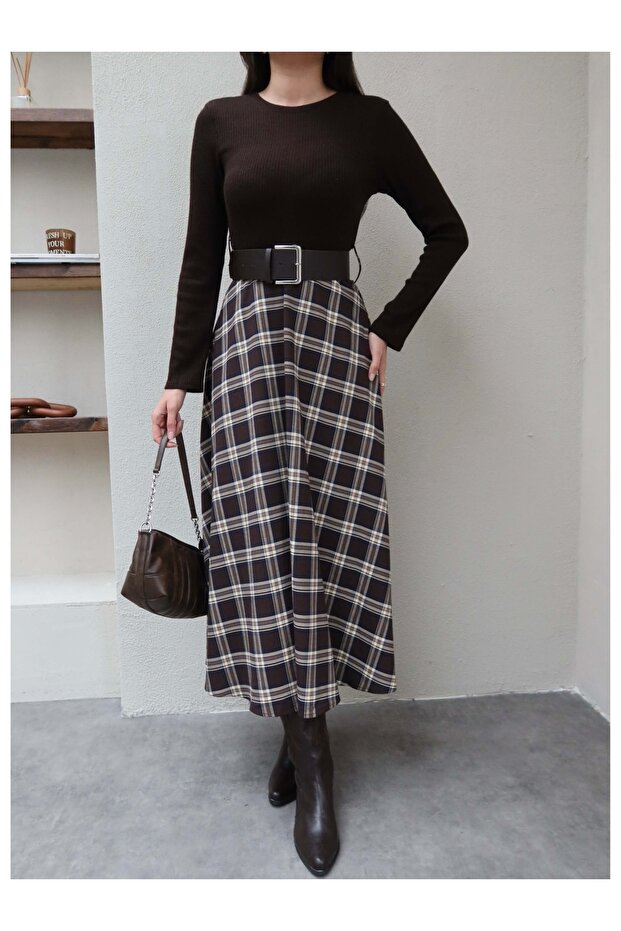 Triko Üst Kemerli Ekose Elbise - 3