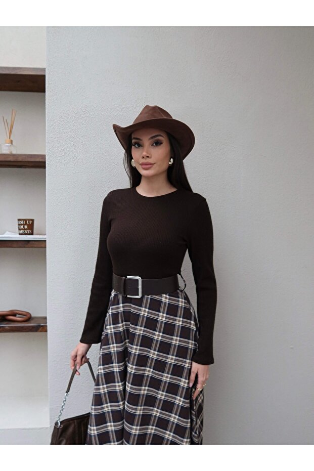 Triko Üst Kemerli Ekose Elbise - 2