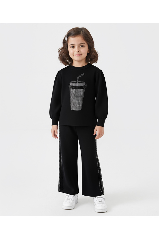 Top & Pant Set with Straw Mug Applique - Black