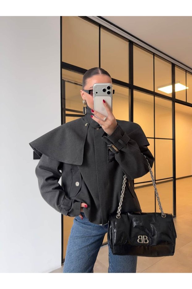 Stand-Up Collar Trench Coat with Buckle Detail and Cape, Anthracite