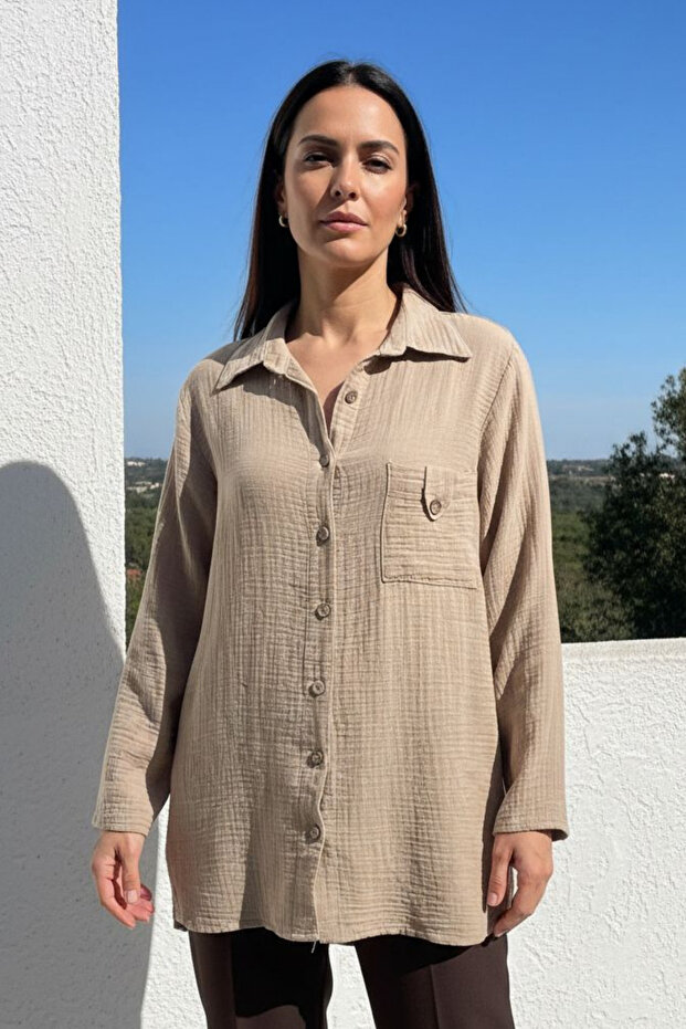 BEJ TEK CEPLİ MÜSLİN GÖMLEK - 1