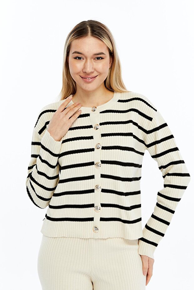 Kadın Çizgili İspanyol Paçalı Triko Takım - 1