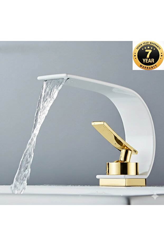 Bathroom Sink Faucet White Gold Waterfall Design New Model Imported with 7 Years Warranty