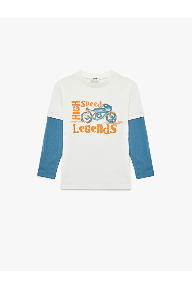 Cotton Long Flared Sleeve Color Contrast Crew Neck Printed T-Shirt