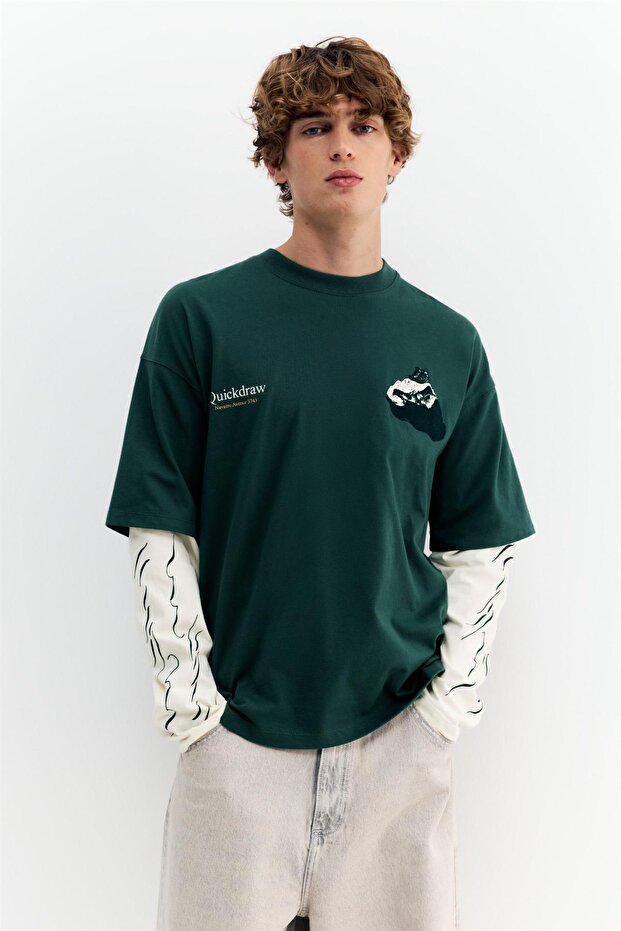 Çift kollu grafik baskılı tişört - 2