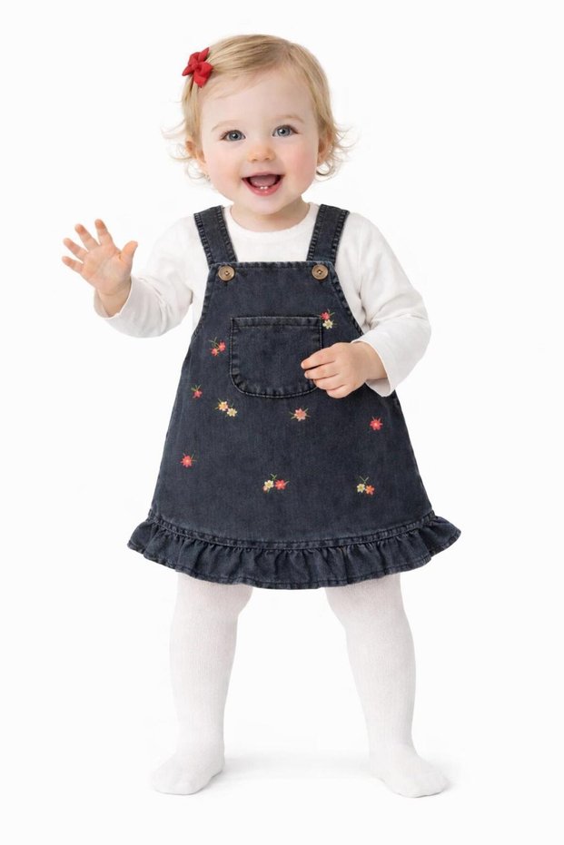 Baby Girl Denim Salopet Dress with Flower Detail, Blouse Set