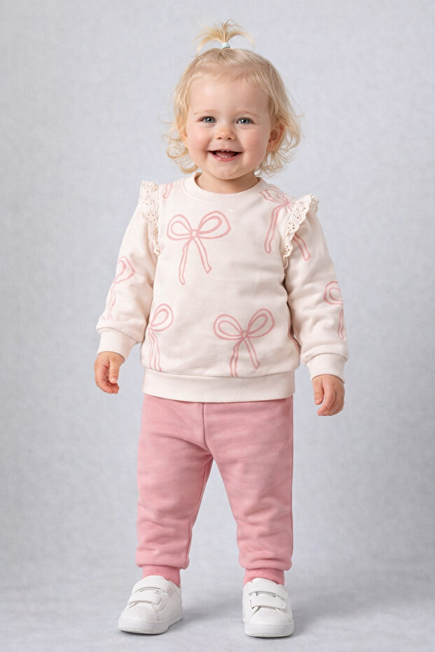 Baby Girl Bow Patterned Sweatshirt with Sleeve Detail + Sweatpants 2-Piece Set 3-6-9-12 Months