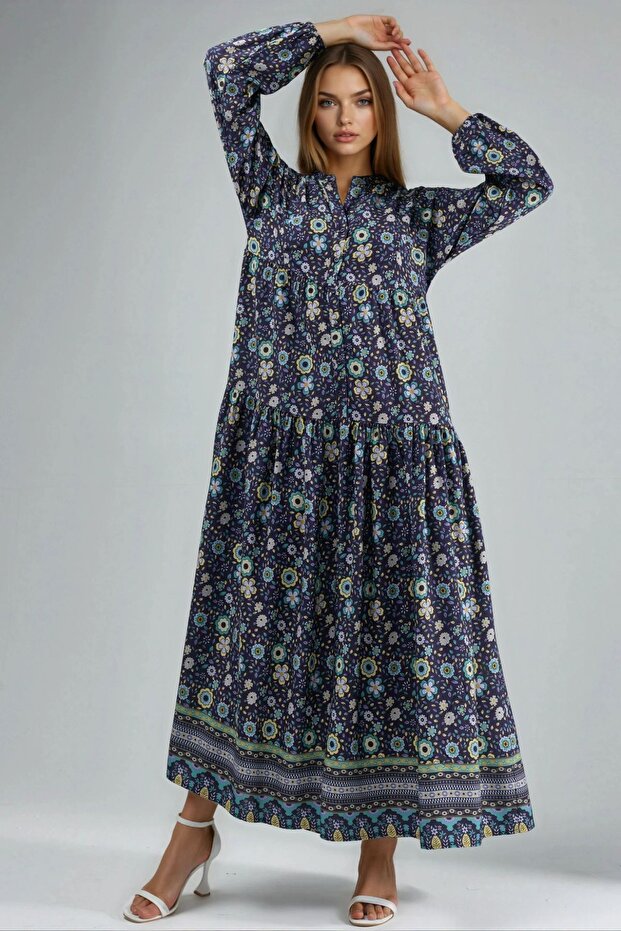 Düğmeli Baskılı V Yaka Modest Elbise - 3