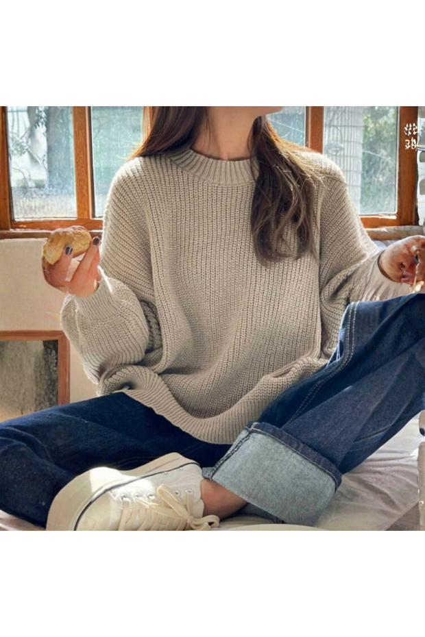 Beige Crew Neck Oversized Women's Knit Sweater