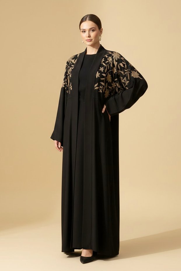 2 Pieces Modern Black Abaya Set Gold Floral Embroidery Muslim Women's Arabic Abaya Dress with Shela