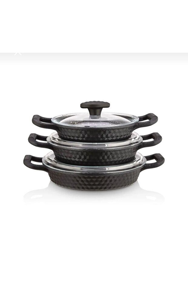 Ferro plus 18+20+22 cm granite cookware set with glass lids - 6 piece, non-stick, heat resistant, interior & exterior