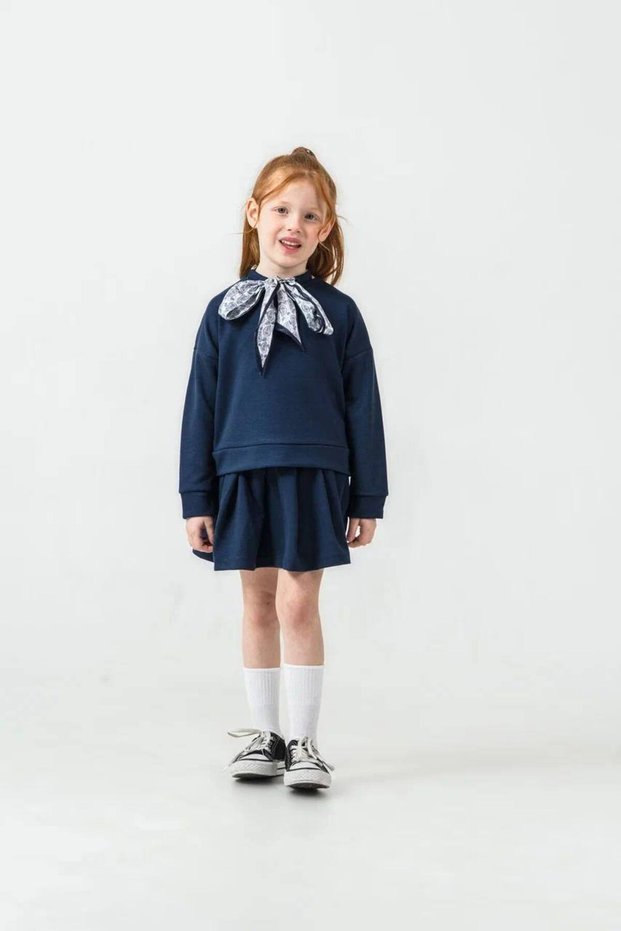 Girl's Navy Blue Scarf Detailed Skirted Double Set, Oysoh Fabric, Seasonal Soft Combed Cotton Fabric