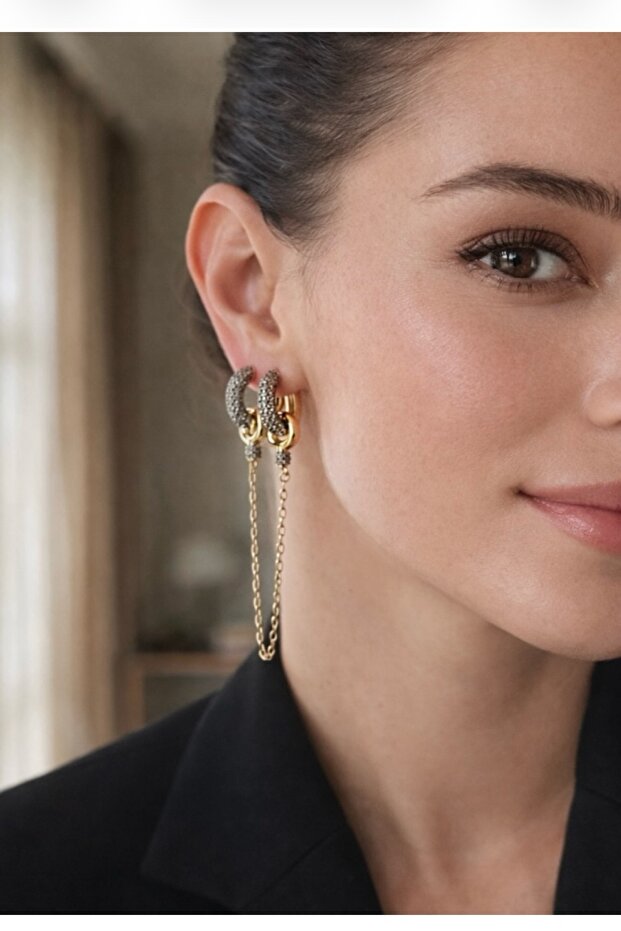 Double Ring Chain Dangle Earrings - 2