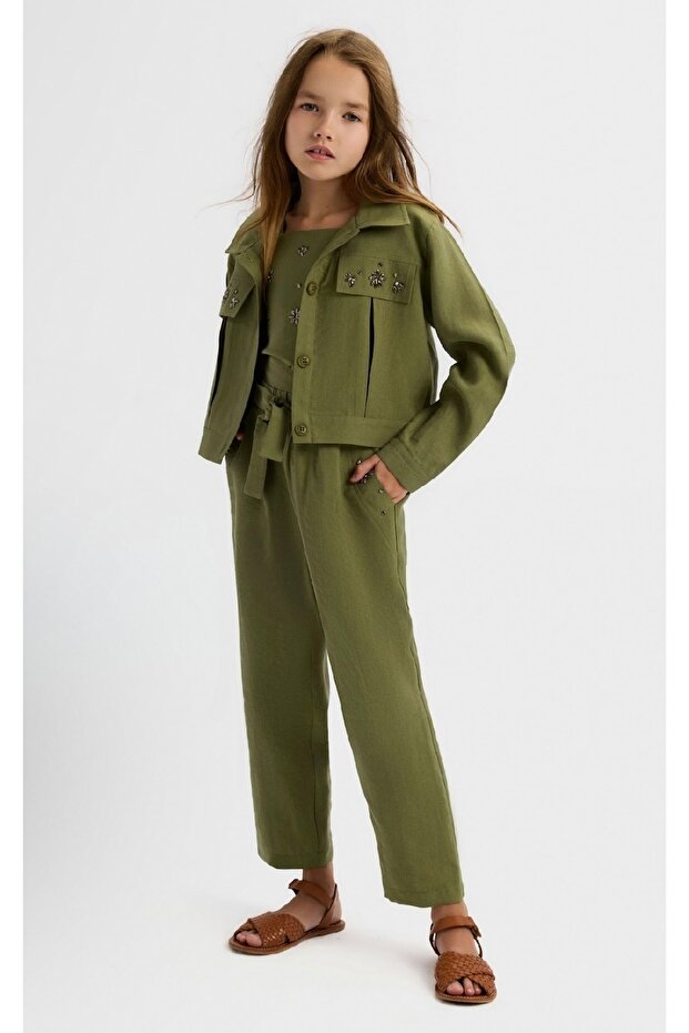Li̇mi̇ Girl's Soft Texture Tensel Fabric Bustier Shirt Jacket Loose Pants 3-Piece Set