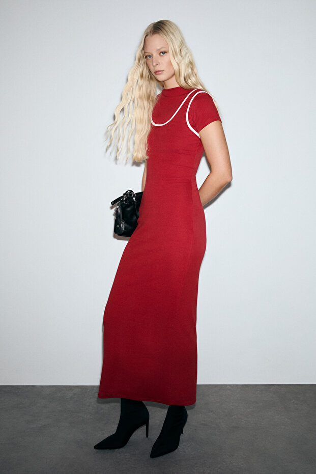 Deports Women's Soft Stretch Fabric Contrast Piping Double Collar Red Dress