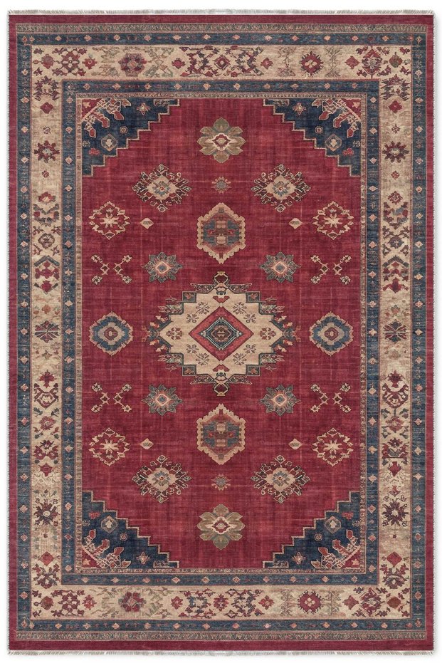 Retro Tile Red Chenille Carpet Rug Runner Non-Slip Washable Kitchen Living Room Hallway