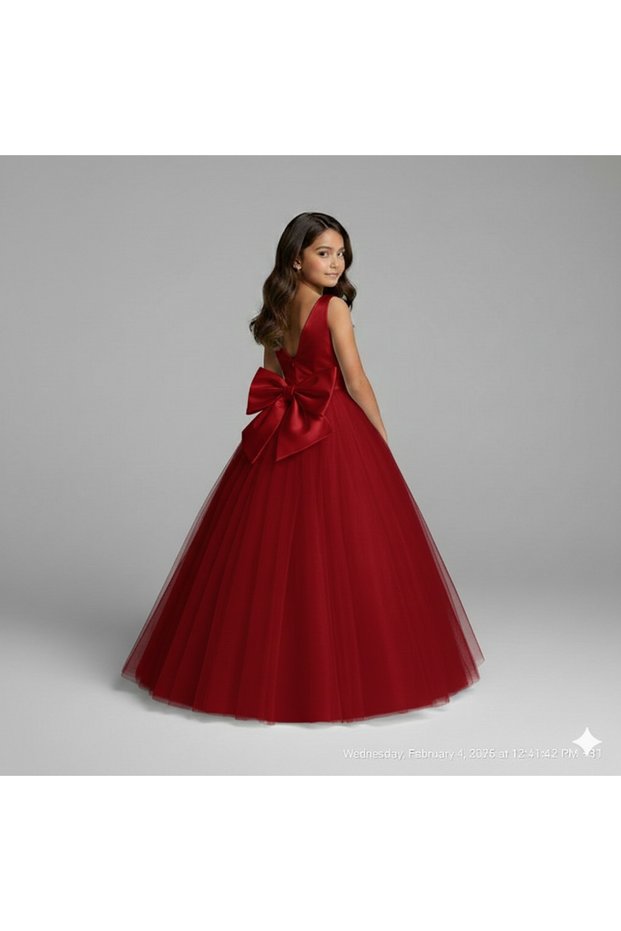 Girl's Red Bow Back Tulle Skirt Princess Dress,Girl's Graduation Dress