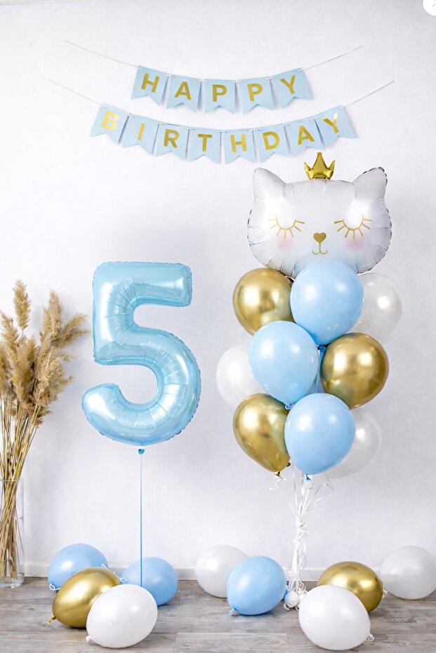 5 Year Old Cat Themed Birthday Balloon Set – Blue Gold Concept