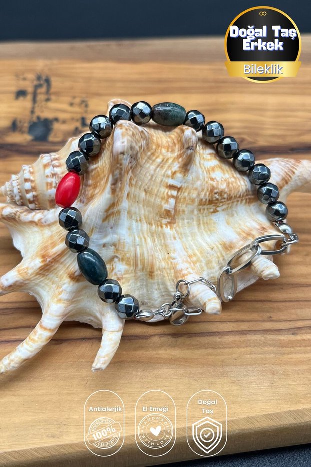Hematite Natural Stone Men's Style Bracelet – Steel Design with Coral and Indian Agate Detail