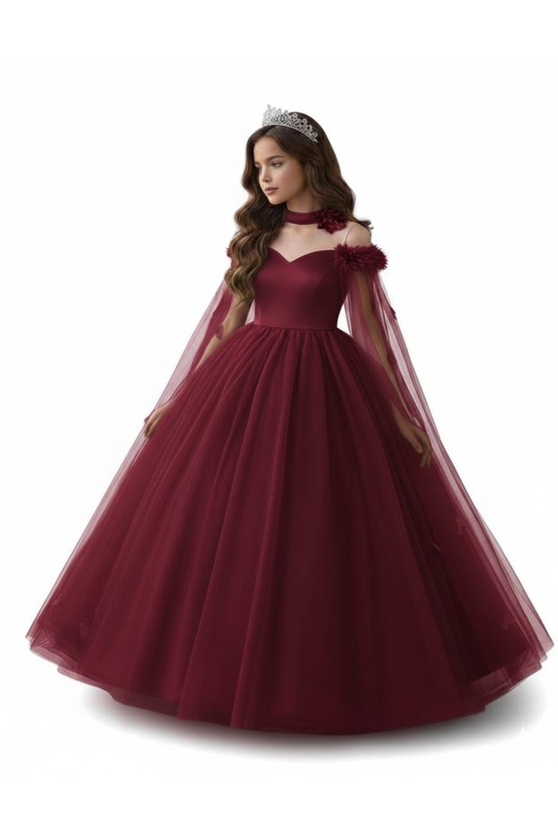 Girl's Floral Detailed Burgundy Princess Dress, Girl's Graduation Dress