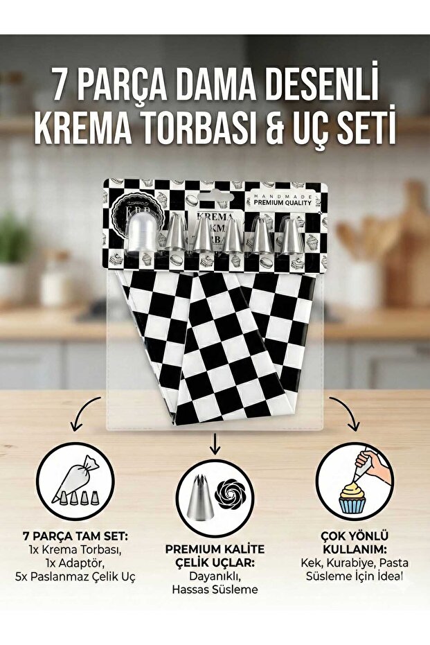 7-Piece Professional Cake Decorating Set - 5 Steel Piping Tips + Adapter + Washable Cream Bag