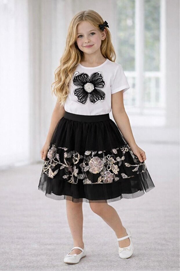 Girl's Floral Patterned T-Shirt Skirt Set Noble 24