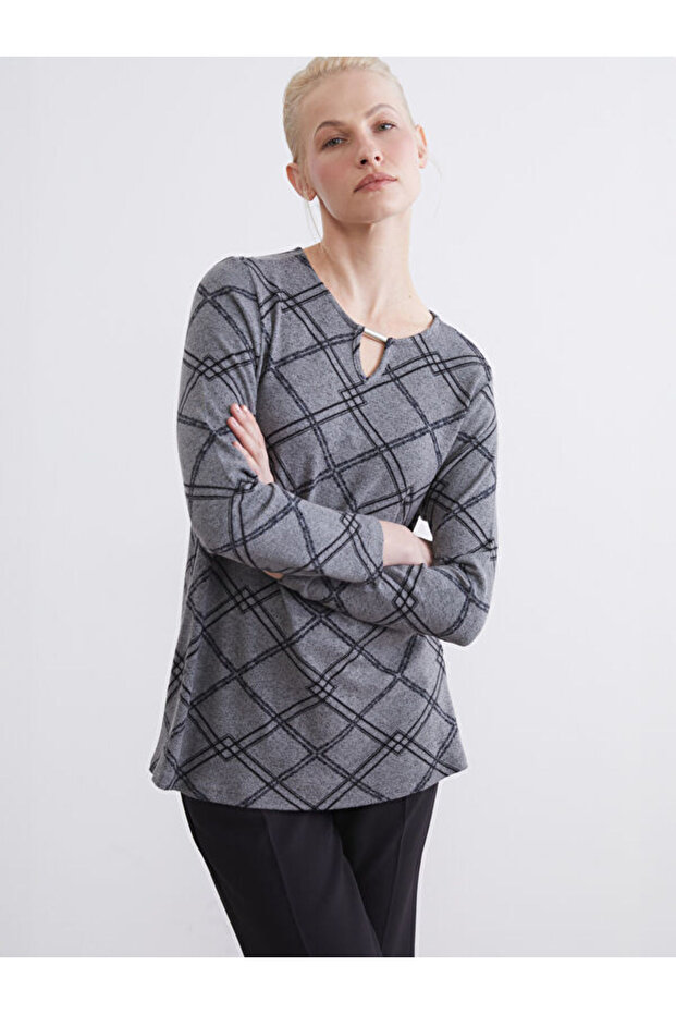 Crew Neck Patterned Blouse - 1