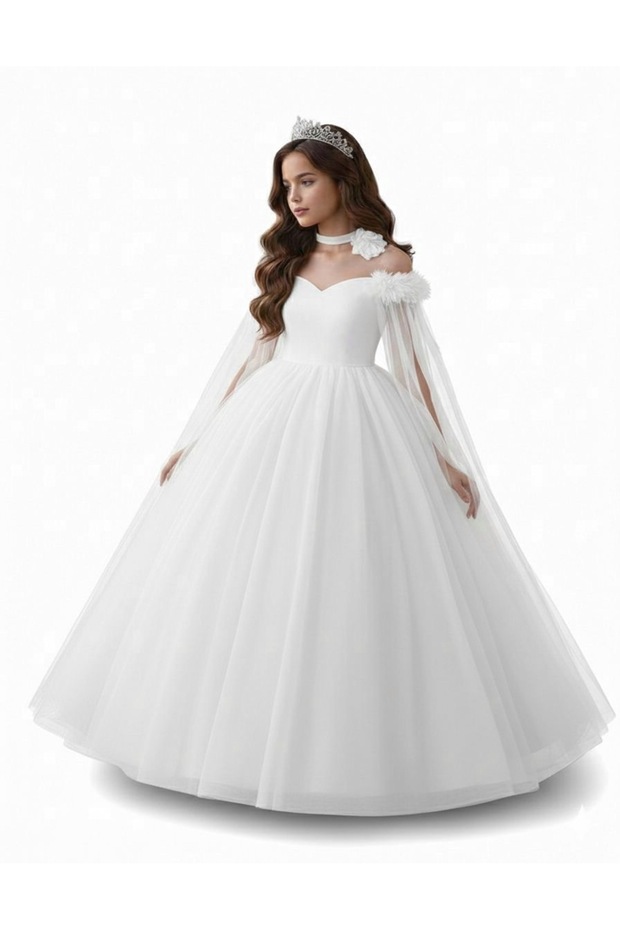 Girl's White Floral Detailed Princess Dress, Girl's Graduation Dress, Evening Dress