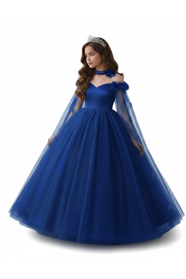 Girl's Cobalt Blue Floral Detailed Princess Dress, Girl's Graduation Dress, Evening Dress