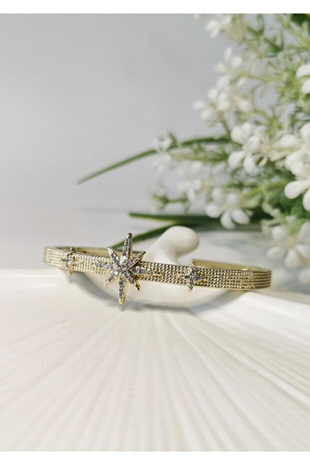 Star-shaped zircon stone gold-tone stainless steel bangle