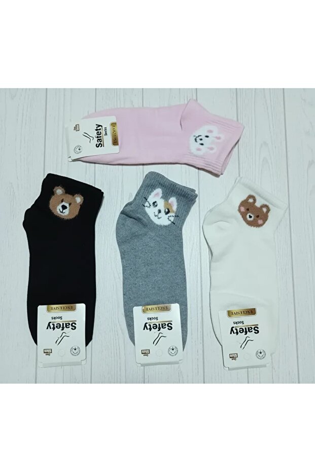 Animal Patterned Fuzzy Combed Cotton Booties Socks 12 Pack
