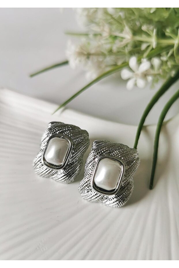 Pearl Detailed Rectangular Form Silver Color Earrings