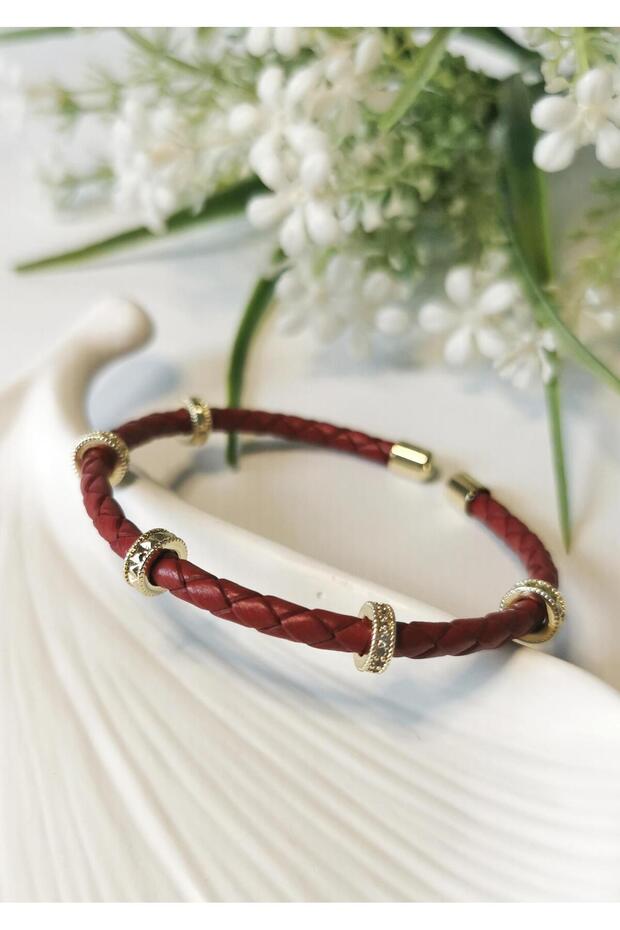 Zircon Stone Gold Detailed Braided Leather Bracelet Claret Red