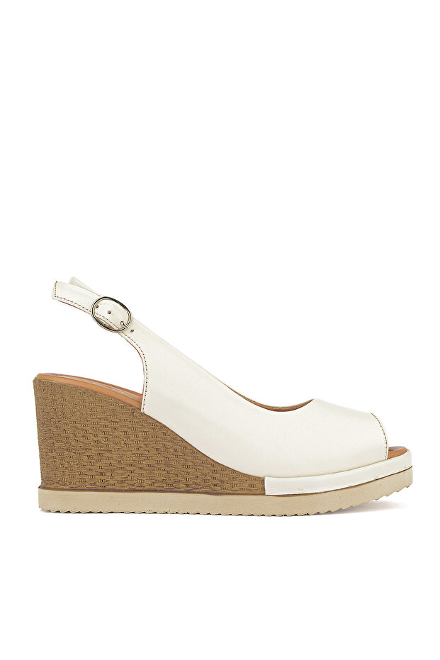 , Women's Genuine Leather Wedge Heel Sandals 161992Z500 Cream