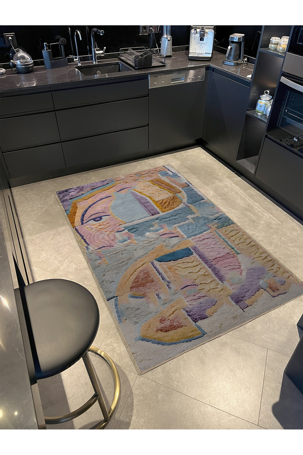 Shape Collection Pastel Multicolor Pink Face Detailed Woven Base Modern Decorative Carpet 41