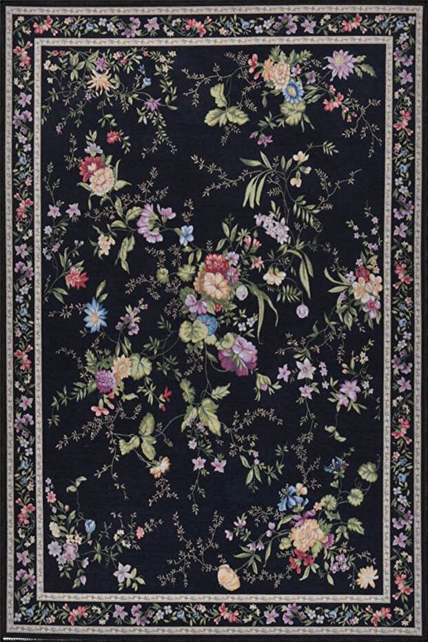 Black Botanical Pattern Woven Base Carpet and Washable Carpet Miravip10490