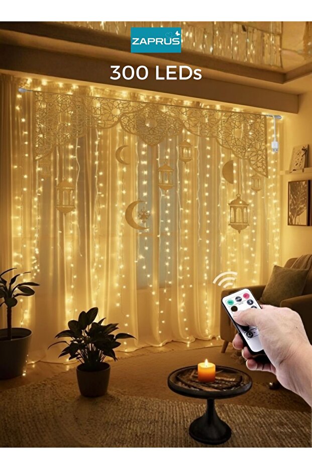 ستارة رمضانية مزودة بـ 300 مصباح LED، مقاس 3x3 متر، تعمل بمنفذ USB، سهلة التعليق، ديكور منزلي