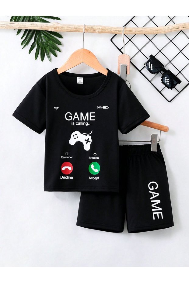 Telephone Game Printed Girls Boys Black Top-Shorts T-Shirt Set